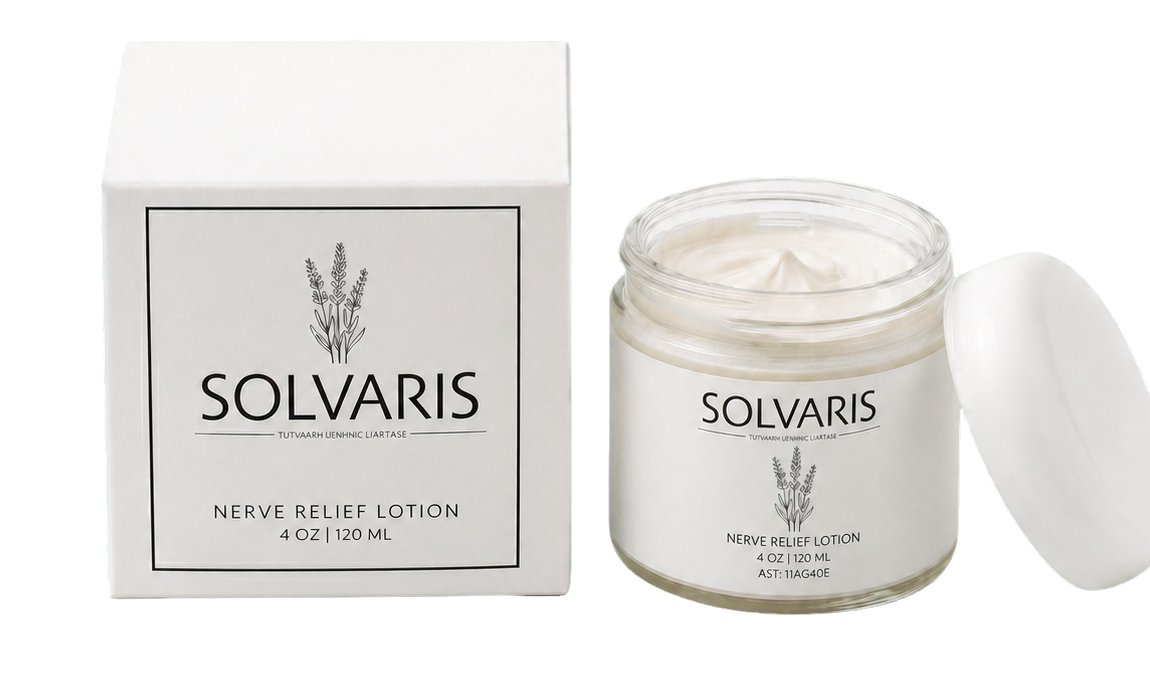 Solvaris Nerve Relief Lotion con confezione, crema aperta e coperchio